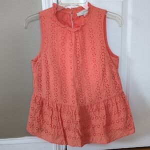 LOFT Coral Sleeveless Eyelet Top